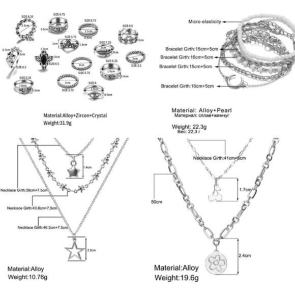 37pcs Silver Jewelry Set With 3 PCS Necklace, 14 PCS Bracelet, 7 PCS Ear Cuffs - Picture 3 of 7